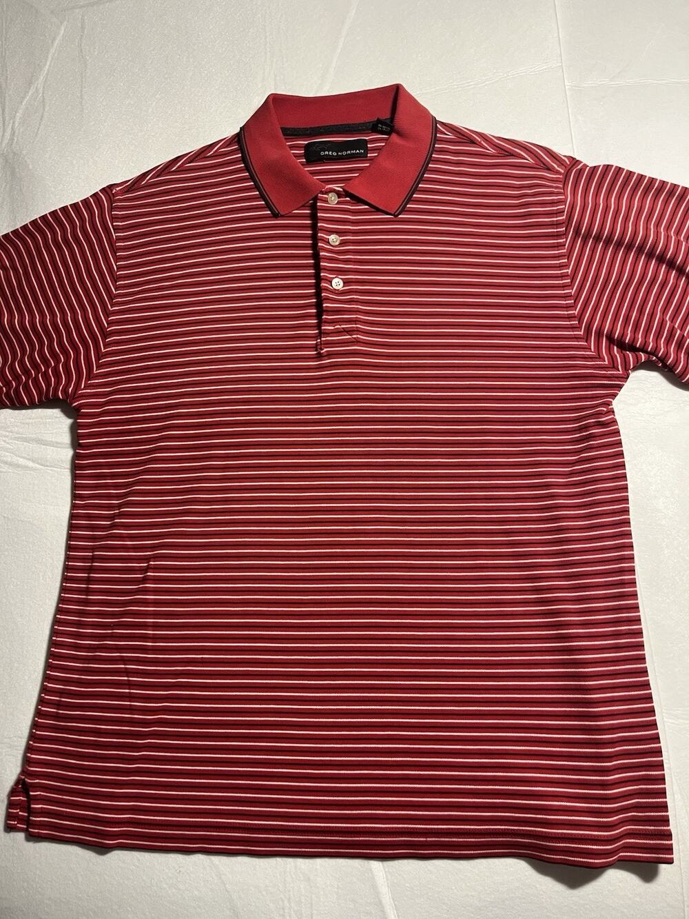 Greg Norman Men’s M Red Striped Golf Polo Shirt Shark Distressed Trim